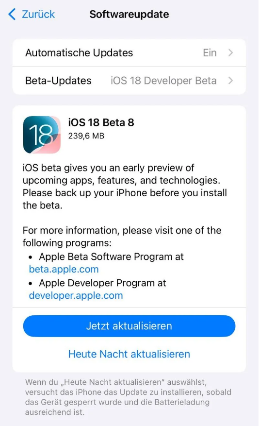 松溪苹果手机维修分享苹果 iOS / iPadOS 18 开发者预览版 Beta 8 发布 